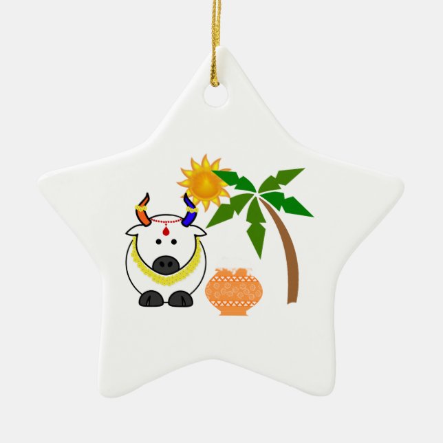 Pongal Pot, Kuh und Baum Keramikornament (Vorne)