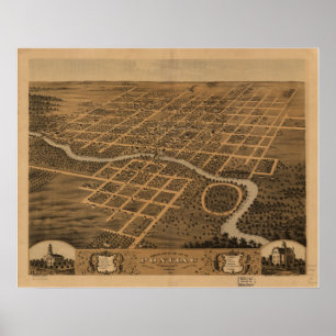 Pontiac Illinois 1869 Antique Panoramabalkarte Poster