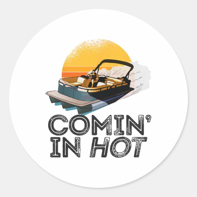 Pontoon Boot kommt in heißem sonnigen See für D Runder Aufkleber (Vorderseite)