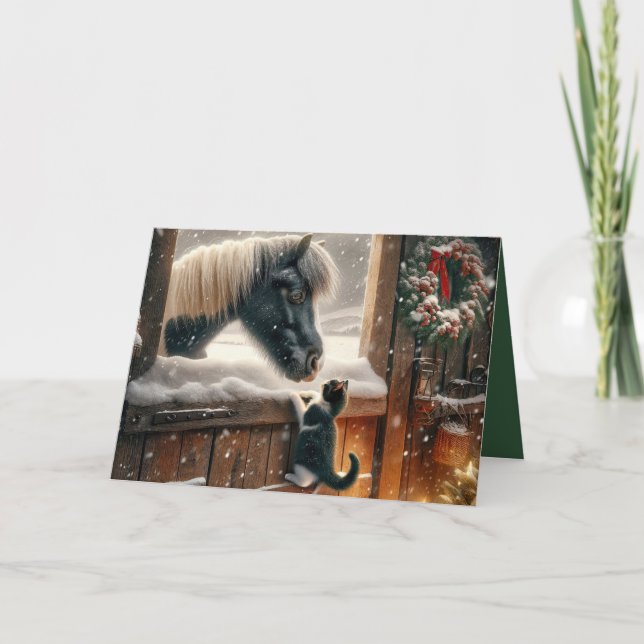 Pony and Kitten in Weihnachtsstall Feiertagskarte (Vorderseite)