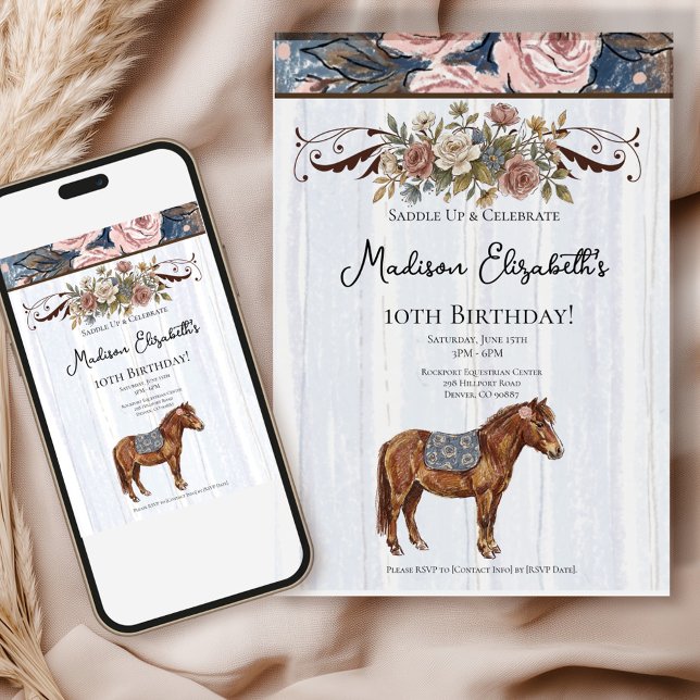 Pony Birthday  Einladung ( This charming theme combines the elegance of French country décor with whimsical pony illustrations)