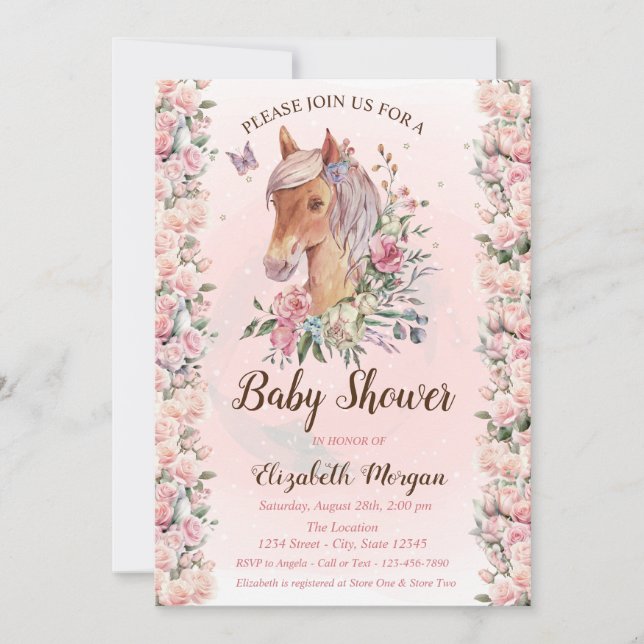 Pony Blume Rose Stars Kinderdusche Einladung (Vorderseite)