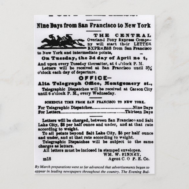 Pony Express, 9 Tage Postkarte (Vorderseite)