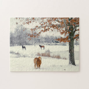 Pony und Pferde auf dem Snowy Field Puzzle