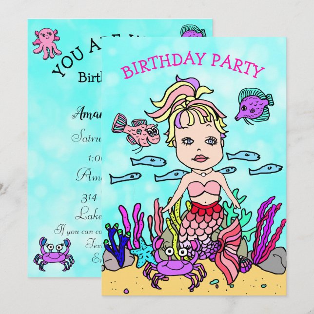 Ponytail Mermaid unter der Sea Birthday Party Einladung (Vorne/Hinten)