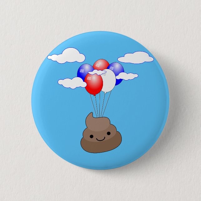 Poo Emoji fliegen mit Balloons in blauem Himmel Button (Vorderseite)