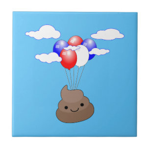 Poo Emoji fliegen mit Balloons in blauem Himmel Fliese