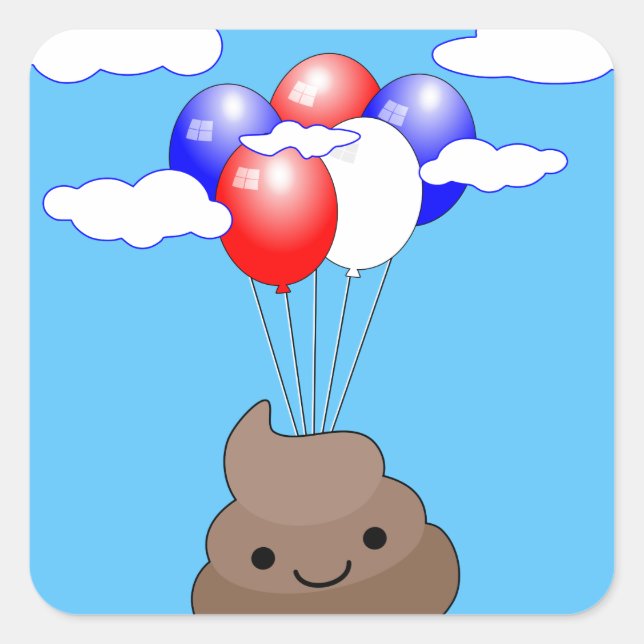 Poo Emoji fliegen mit Balloons in blauem Himmel Quadratischer Aufkleber (Vorderseite)
