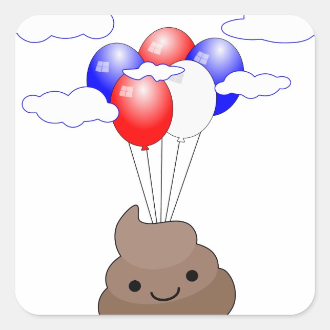 Poo Emoji fliegen mit Balloons Quadratischer Aufkleber (Vorderseite)