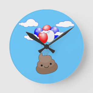 Poo Emoji Flug mit Balloonen in blauer Himmel Runde Wanduhr