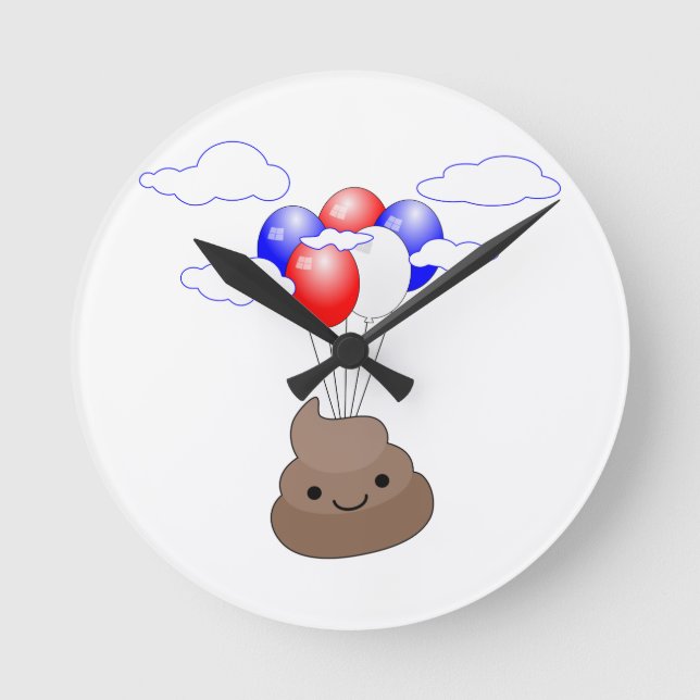 Poo Emoji Flug mit Balloonen Runde Wanduhr (Vorderseite)