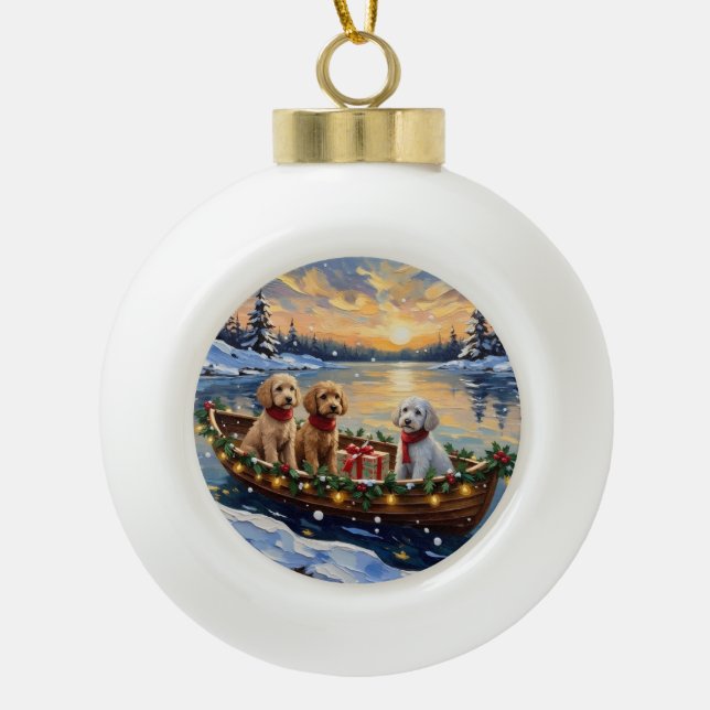 Poodle Christmas Boat Holiday Keramik Kugel-Ornament (Vorderseite)