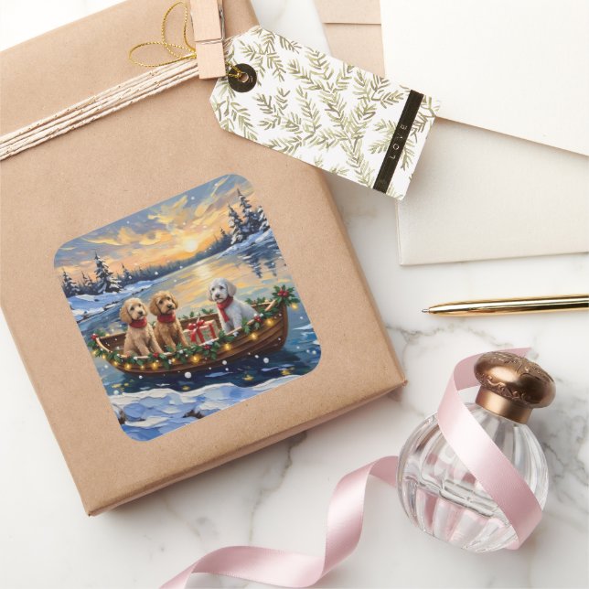 Poodle Christmas Boat Holiday Quadratischer Aufkleber (Schenken)