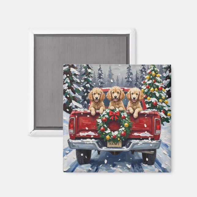 Poodle Christmas Red Truck Holiday Magnet (Vorderseite/Rückseite)