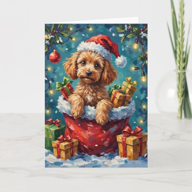 Poodle Christmas Santa Bag Adventure Karte (Vorderseite)