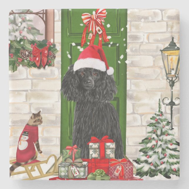 Poodle Christmas Steinuntersetzer (Vorderseite)