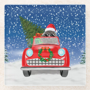 Poodle Dog Autofahrer im Schnee Weihnachten Glasuntersetzer