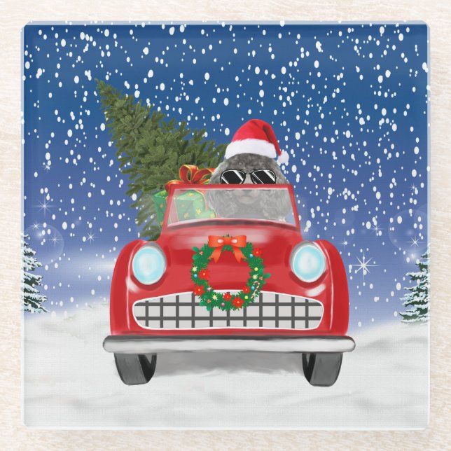 Poodle Dog Autofahrer im Schnee Weihnachten Glasuntersetzer (Vorderseite)