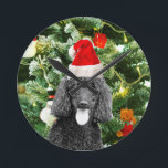 Poodle Dog Christmas Tree Snowman Red Weihnachtsma Runde Wanduhr<br><div class="desc">Niedlicher Poodle Hund mit roter Weihnachtsmannmütze mit Weihnachtsbaumschneedekor im Hintergrund.</div>