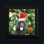 Poodle Dog Christmas Tree Snowman Red Weihnachtsma Schmuckschachtel<br><div class="desc">Niedlicher Poodle Hund mit roter Weihnachtsmannmütze mit Weihnachtsbaumschneedekor im Hintergrund.</div>