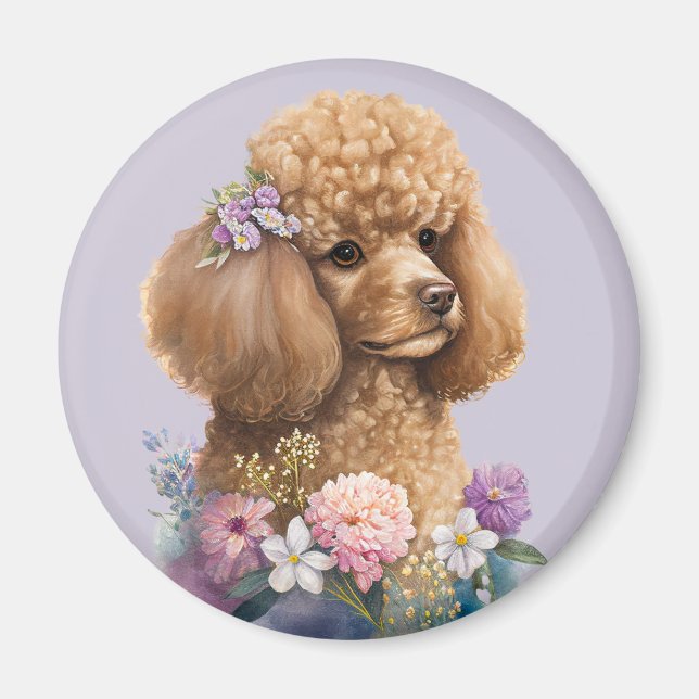 Poodle Dog Floral Lila Girl Niedliche Wasserfarbe Magnet (Vorne)