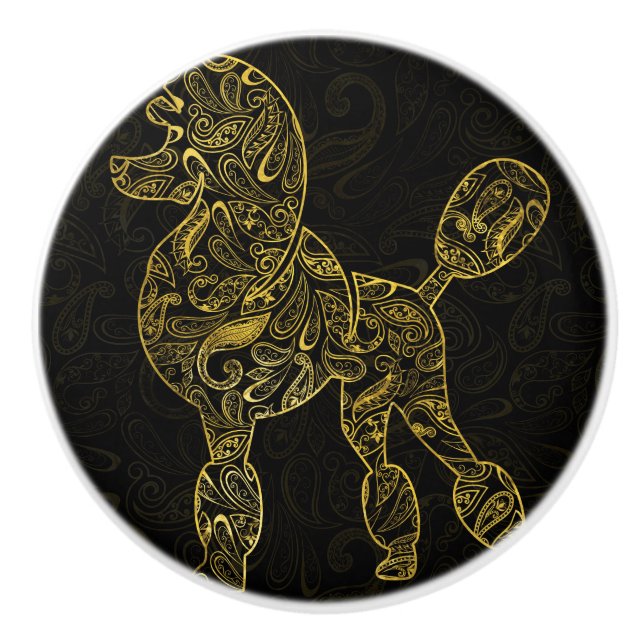 Poodle Dog in Gold Paisley Muster Keramikknauf (Vorderseite)