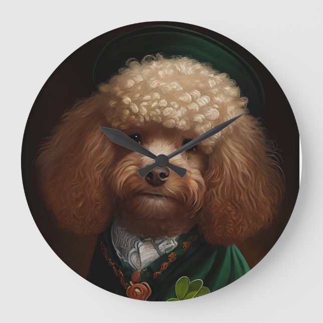 Poodle Dog in St. Patrick's Day Dress Große Wanduhr (Vorderseite)