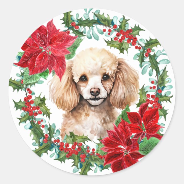 Poodle Dog Poinsettia Holly Weihnachtskranz Runder Aufkleber (Vorderseite)