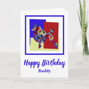 Poodle Dog Red Blue Yellow Birthday Card Karte