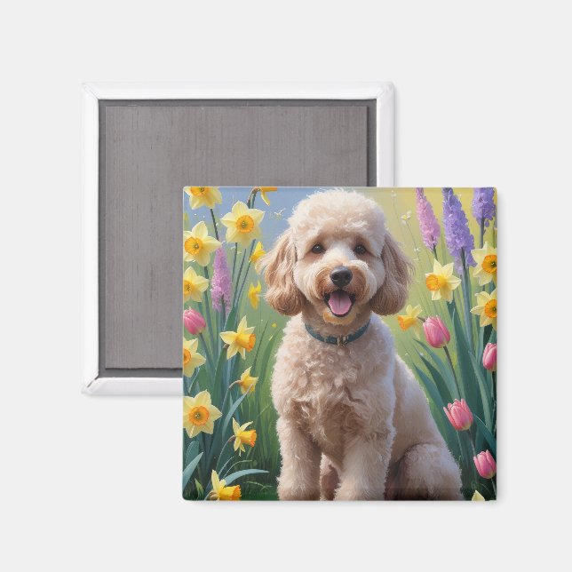 Poodle Dog Spring Blumen Malerei Magnet (Vorderseite/Rückseite)