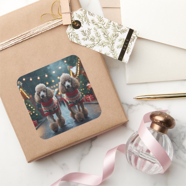 Poodle Dogs Christmas Snow Holiday  Quadratischer Aufkleber (Schenken)