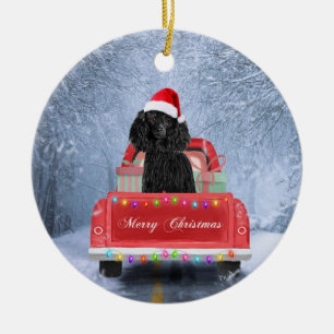 Poodle Hund im Schnee sitzend im Weihnachtswagen Keramik Ornament
