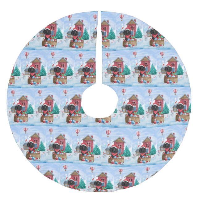 Poodle Hund im Schnee Weihnachtshaus Polyester Weihnachtsbaumdecke (Vorderseite)