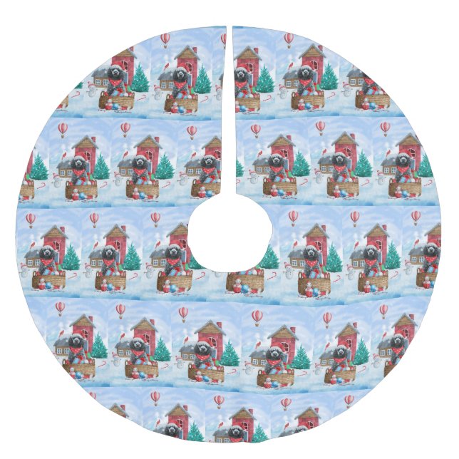 Poodle Hund im Schnee Weihnachtshaus Polyester Weihnachtsbaumdecke (Vorderseite)
