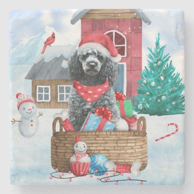 Poodle Hund im Schnee Weihnachtshaus Steinuntersetzer (Vorderseite)