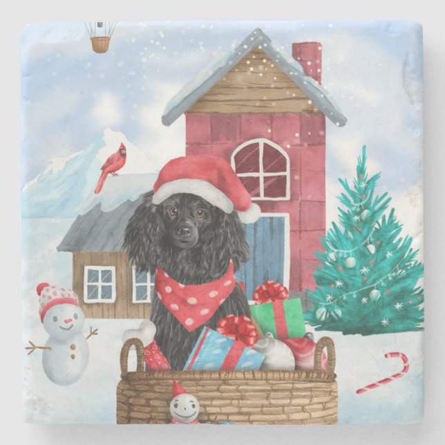 Poodle Hund im Schnee Weihnachtshaus Steinuntersetzer (Vorderseite)
