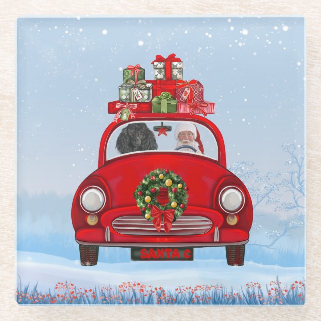 Poodle Hund in Auto mit dem Weihnachtsmann Glasuntersetzer (Vorderseite)