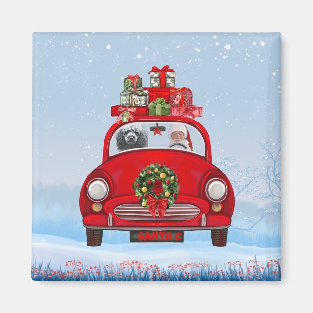 Poodle Hund in Auto mit dem Weihnachtsmann Magnet (Vorne)