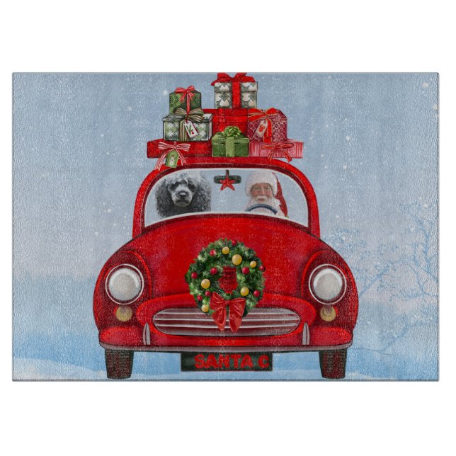 Poodle Hund in Auto mit dem Weihnachtsmann Schneidebrett (Vorderseite)