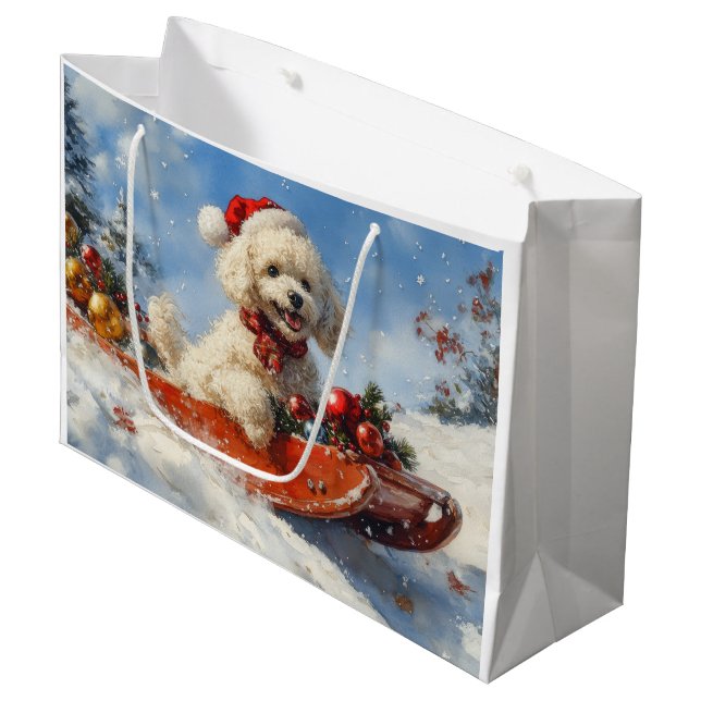 Poodle Hund in Sledge Lass es Schnee Weihnachten Große Geschenktüte (Vorderseite Schrägansicht)