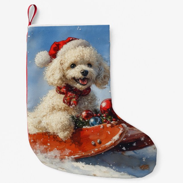 Poodle Hund in Sledge Lass es Schnee Weihnachten Kleiner Weihnachtsstrumpf (Vorderseite)