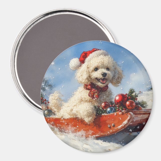 Poodle Hund in Sledge Lass es Schnee Weihnachten Magnet (Vorderseite/Rückseite)