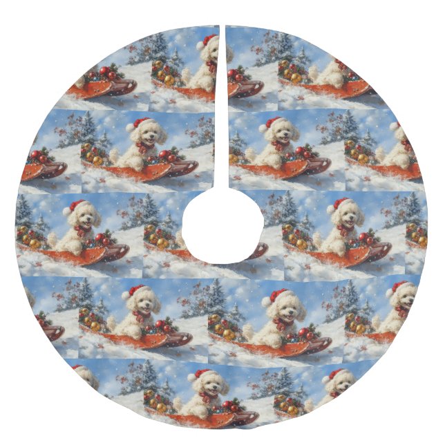 Poodle Hund in Sledge Lass es Schnee Weihnachten Polyester Weihnachtsbaumdecke (Vorderseite)