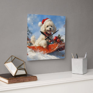 Poodle Hund in Sledge Lass es Schnee Weihnachten Quadratische Wanduhr