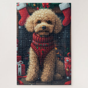 Poodle Hund mit Weihnachtsgeschenken Feuerplatz Puzzle