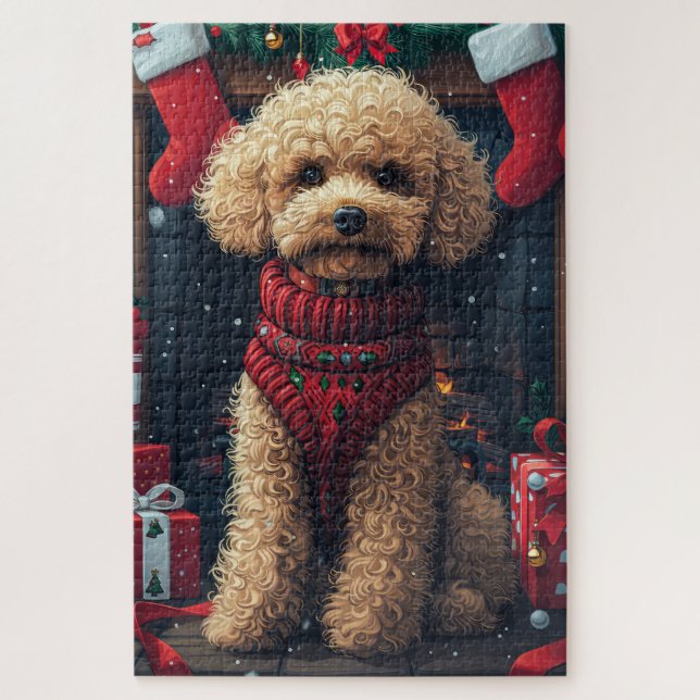 Poodle Hund mit Weihnachtsgeschenken Feuerplatz Puzzle (Vertikal)