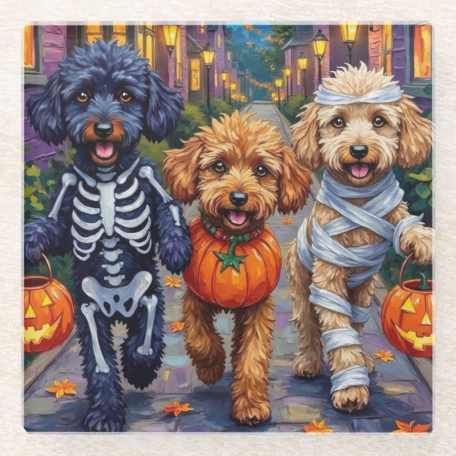 Poodle Hunde Trick-oder-Treating Halloween Kostüme Glasuntersetzer (Vorderseite)