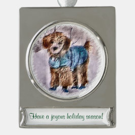 Poodle in Sweater Personalisierte Weihnachten Banner-Ornament Silber