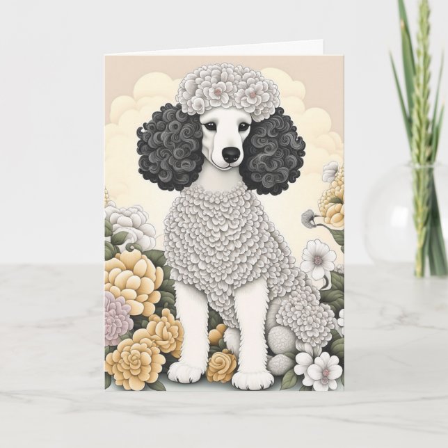 Poodle in Whimsical Blume Happy Birthday Karte (Vorderseite)