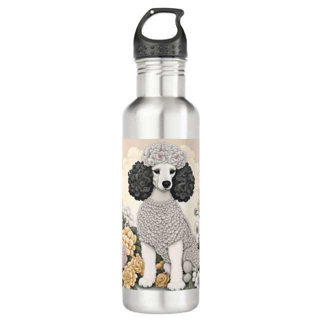 Poodle in Whimsikalen Blume Edelstahlflasche (Vorderseite)